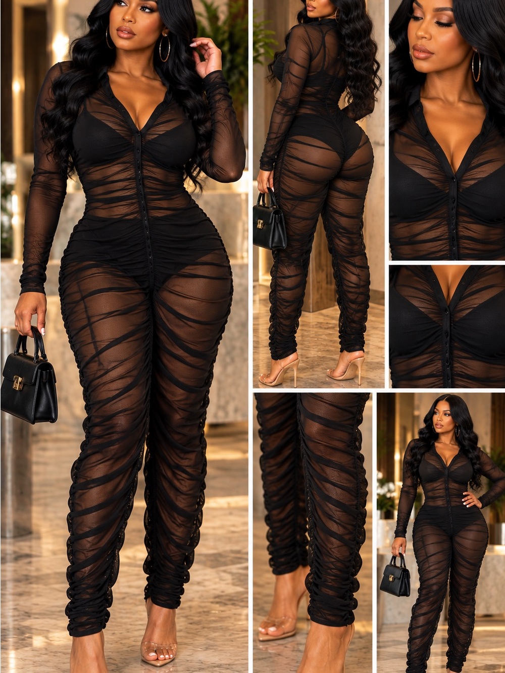 Black Sheer Ruched Mesh Jumpsuit with Long Sleeves